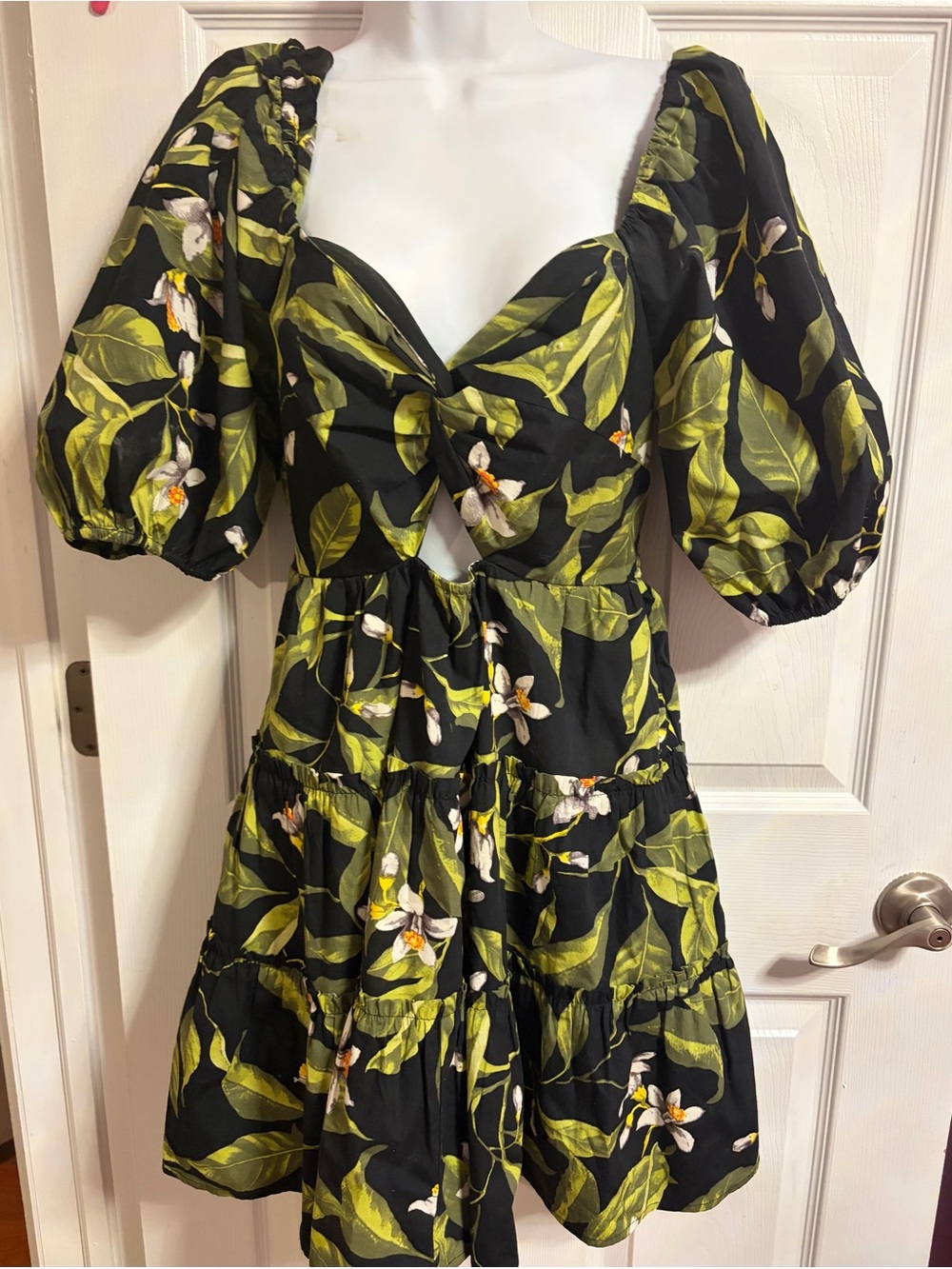Express Black Floral Puff-Sleeve Cutout Mini Dress with Green Leaf Print